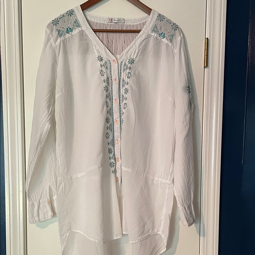 Johnny Was White Button-Down Blouse with Teal Embroidery